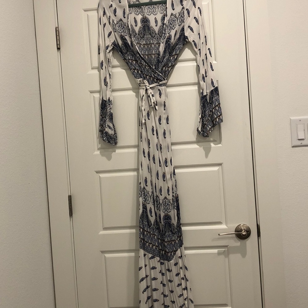 Summer ankle length blue on white wrap dress